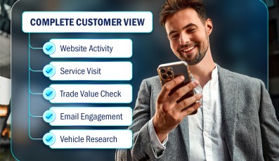 Customer profile showing website activity, service visits, trade value checks, email engagement, and vehicle research to reveal dealership buying signals.